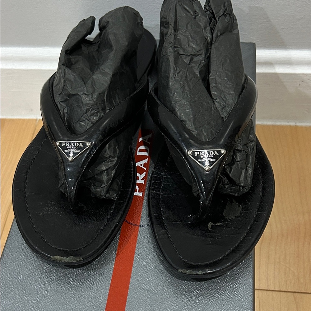 Prada Black Leather Flip Flops